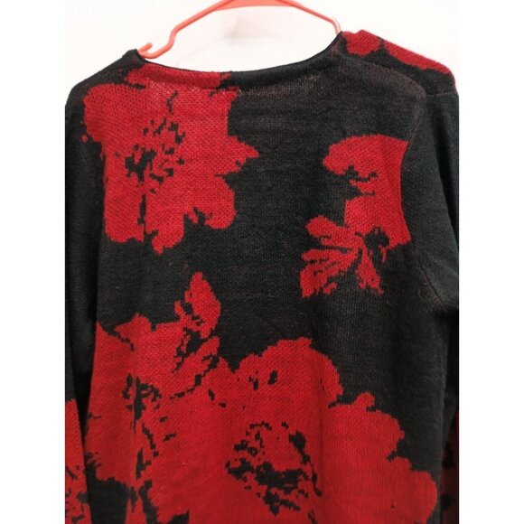 ND New Directions Womens Long Line Cardigan Large Red Black Floral Sweater - Picture 7 of 7